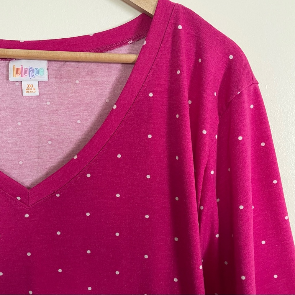 LuLaRoe Iris V-Neck Bright Pink Polka Dot Top - Picture 3 of 9